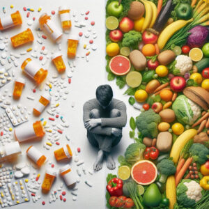 person surrounded by prescription pill bottles