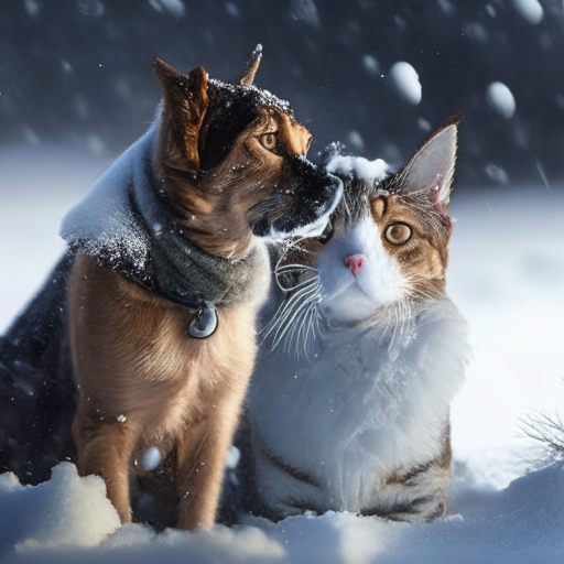 cold cat and dog in the snow