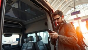 A man with glasses and a backpack stands next to an open vehicle door at the Las Vegas Airport terminal, looking at his smartphone. Wearing a jacket, he basks in the warm glow of the setting sun. Nearby signs point to van rentals beneath the curved glass ceiling in the background.