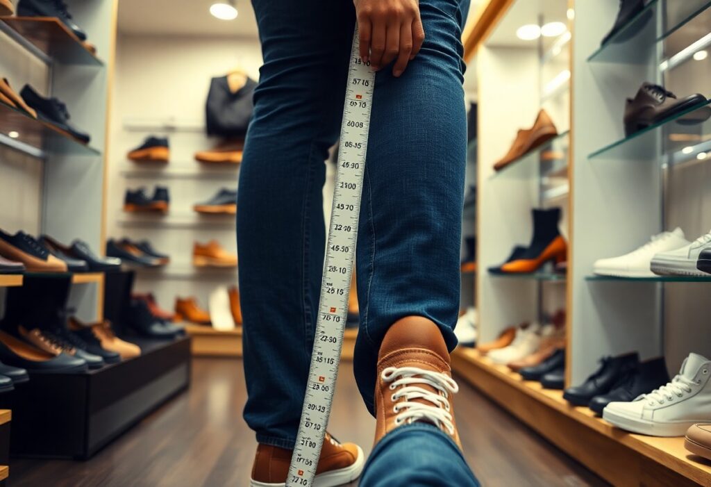 A person wearing brown sneakers is stepping forward in a shoe store. A measuring tape is held along their leg. Shelves with various shoes are visible in the background.