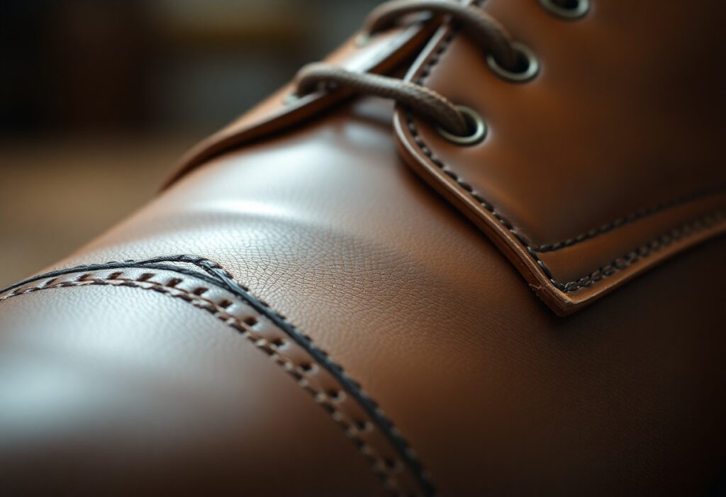 Close-up of a brown leather shoe with detailed stitching. The focus is on the smooth texture of the leather, with visible eyelets and laces. The image highlights the craftsmanship and quality of the shoe material.