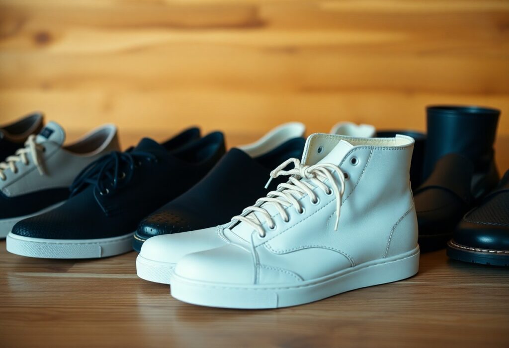 A pair of white high-top sneakers is prominently displayed in front of black shoes and loafers. They are on a wooden floor, with a warm, blurred wooden wall in the background. The focus is on the white sneakers.