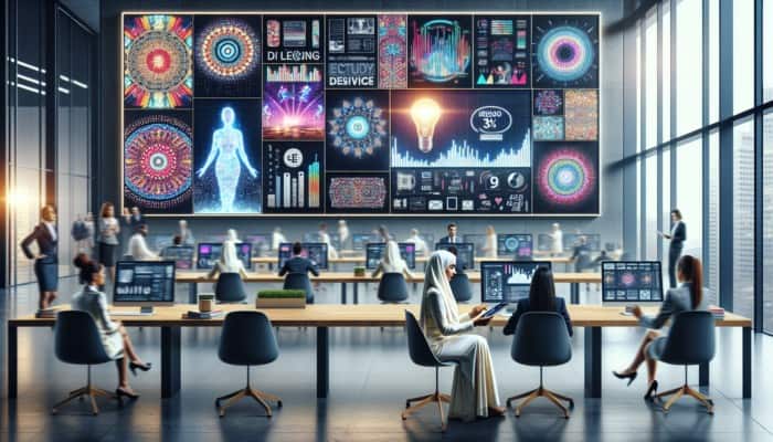 Business owner analyzing data on tablet in modern office, viewing vibrant digital billboard with ads.