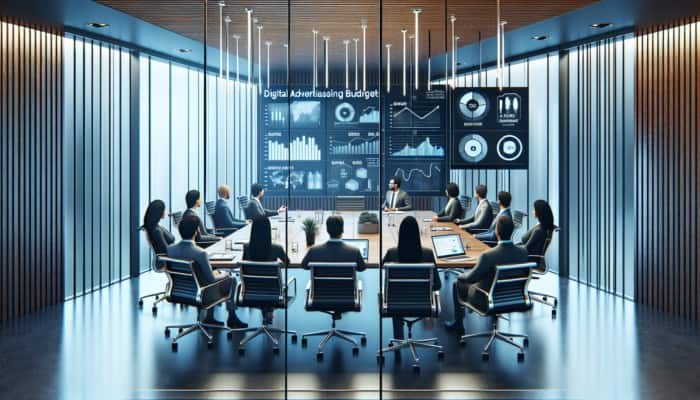 Business meeting discussing digital ad budgets and ROI with charts in a modern conference room.