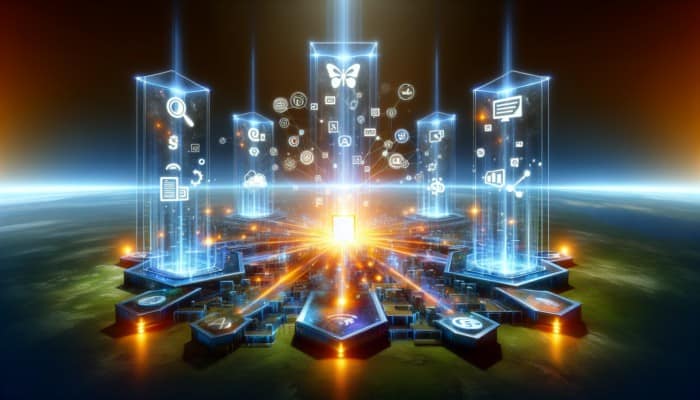 Digital landscape with SEO, Advertising, Content Marketing, Social Media pillars driving traffic to central website.