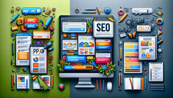 PPC ads with vibrant banners on left, SEO organic results on right in clean layout.