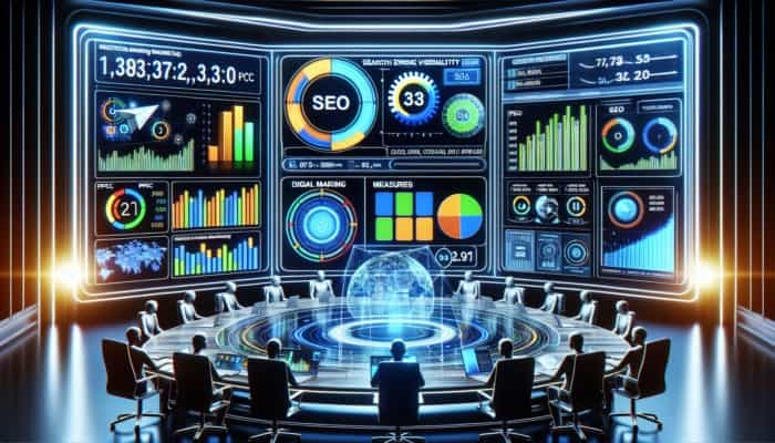 "Digital marketing dashboard with PPC, SEO metrics, and vibrant graphs on a futuristic screen."