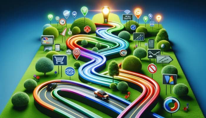 Vibrant path leading to business goals with traffic, brand, and lead generation icons.