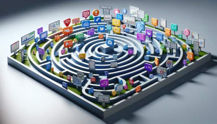 Vibrant maze of digital marketing channels, each with unique user demographics for strategic engagement.