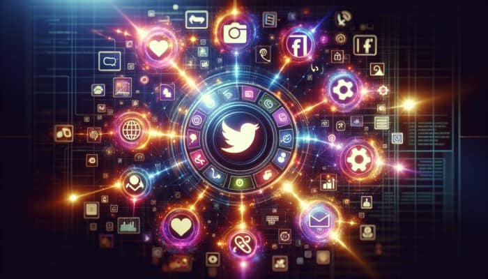 Glowing social media icons on a digital interface, representing connectivity and engagement.