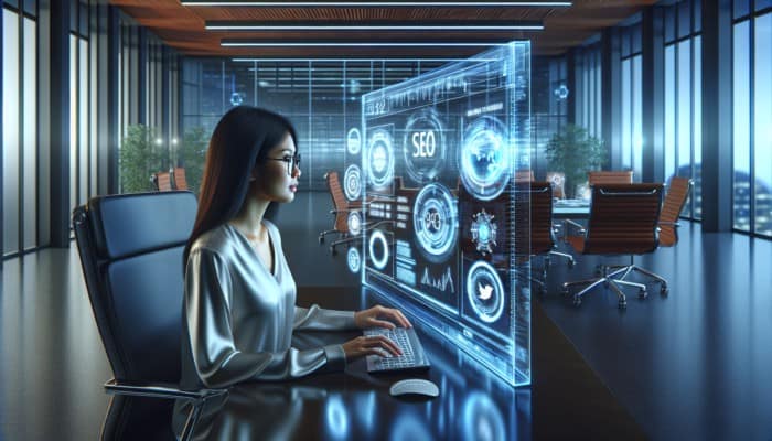 Digital marketer analyzing SEO and analytics on futuristic screen in modern office with social media icons.