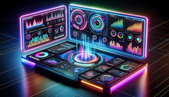 Futuristic dashboard with neon-lit tech environment showing Adwords PPC strategies, graphs, and optimization metrics.