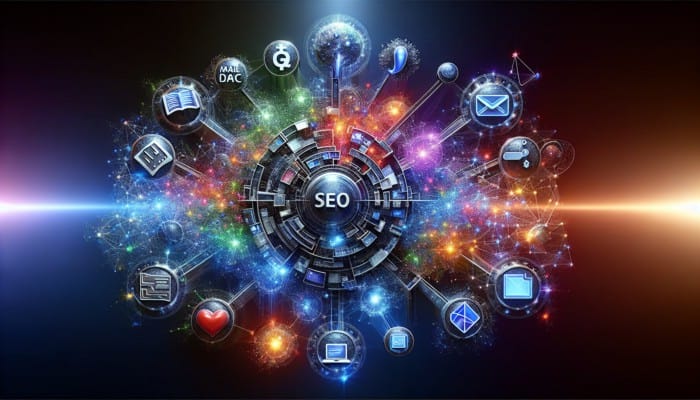 A vibrant digital collage of SEO, content marketing, social media, email marketing, and paid ads on a futuristic interface.