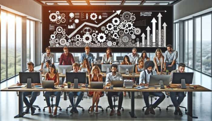 Team analyzing data on screens, optimizing Google and Bing Ads, showing rising conversion trends in modern office.