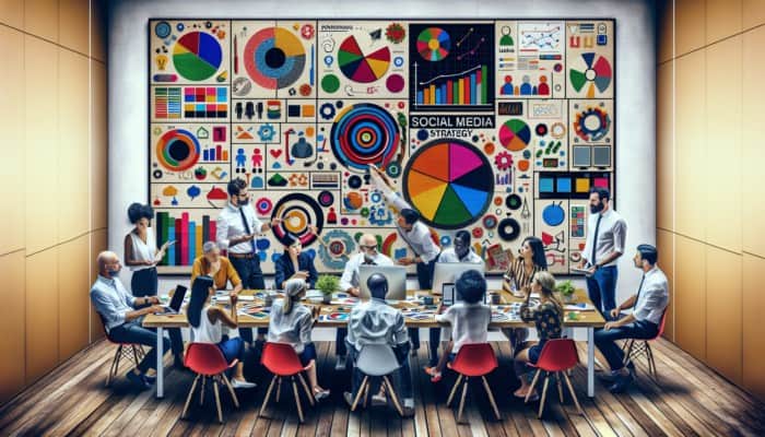 A diverse marketing team collaborates on a unique social media strategy for a small business using a colorful mood board and charts.