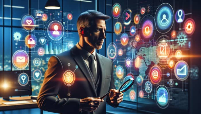 A small business owner evaluating social media marketing agencies using digital screens and charts in a modern office.