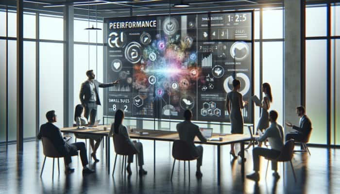 A small business owner and agency team reviewing performance reports on a screen, discussing strategies collaboratively.