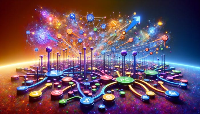 A digital landscape showing PPC ads as interconnected nodes with arrows indicating user clicks towards a central website.