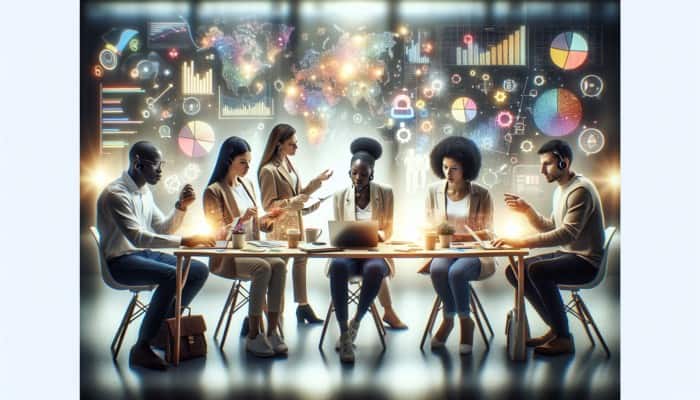 A digital marketing team strategizing a PPC campaign with graphs and data analytics on screens.