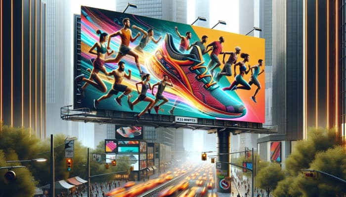 A vibrant billboard in a bustling city advertising running shoes with a dynamic headline and energetic athletes.