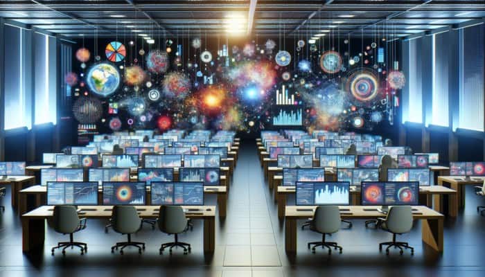 A digital analytics agency workspace with screens showing data visualizations, dashboards, and reports.