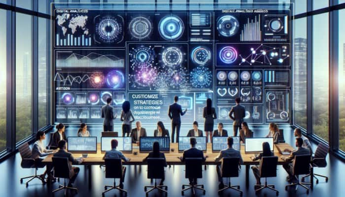 A team at a digital analytics agency collaborates on a futuristic dashboard in a modern office.