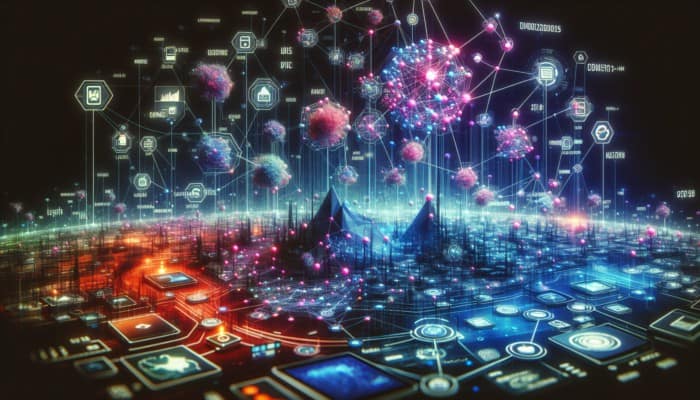 A futuristic digital landscape with nodes showing trends like mobile device use and platform engagement.