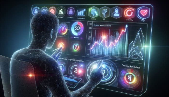 A digital marketer analyzing data on a futuristic screen with social media, SEO, and conversion icons, showing upward trends in engagement and conversions.