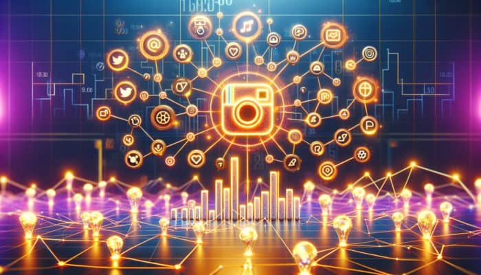 A vibrant digital landscape with social media icons and rising graph lines symbolizing brand engagement and sales growth.