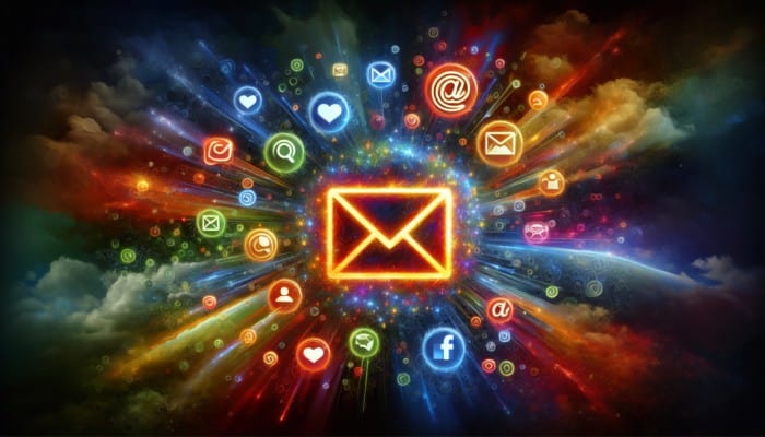 A glowing email icon amidst social media symbols, highlighting its key role in marketing and high ROI.