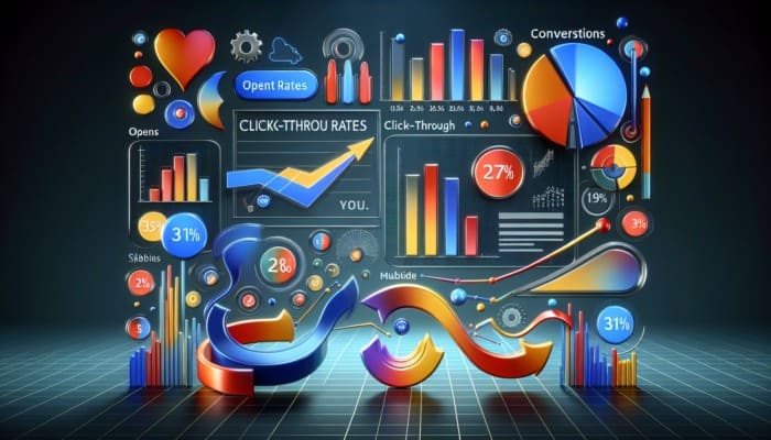 A digital dashboard showing email marketing metrics like open rates, click-through rates, and conversion statistics with vibrant graphs.
