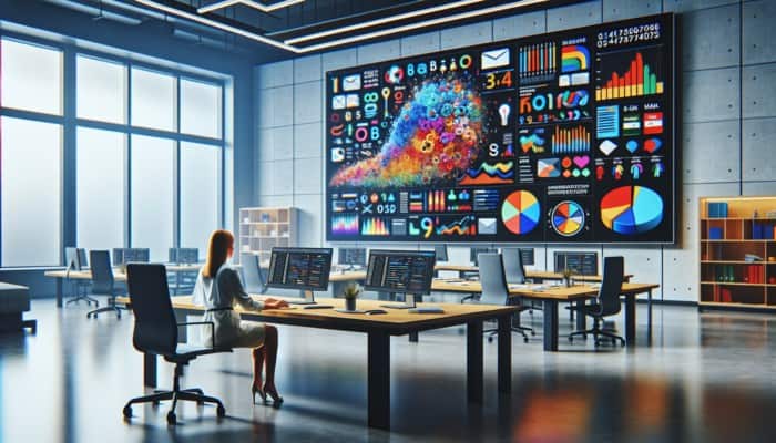 A marketer analyzing colorful graphs on a large screen, surrounded by successful email campaign images and A/B testing results.