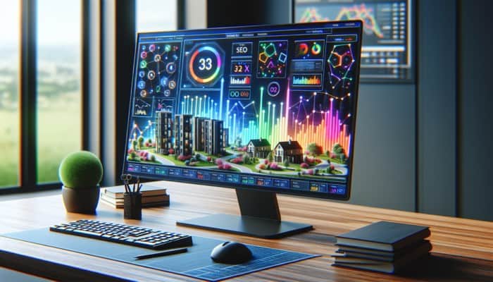 A computer screen showing a real estate website with SEO analytics, London homes, and Manchester flats.