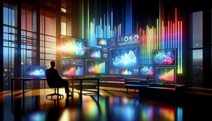 A modern workspace with screens showing analytics dashboards, graphs of website traffic, and conversion rates, a person analyzing data using Google Analytics and social media insights.