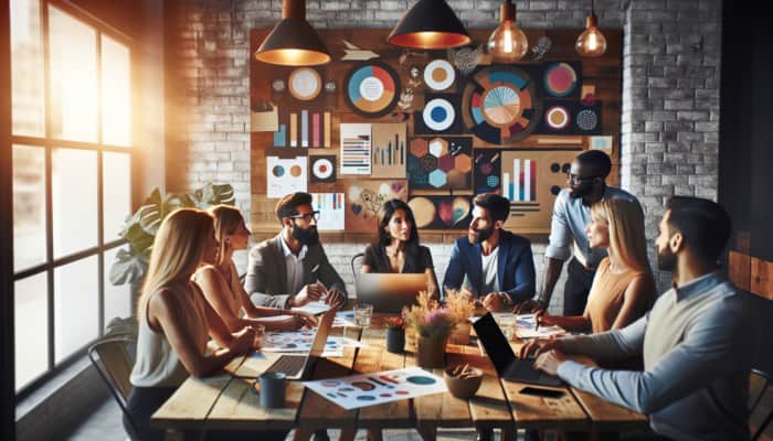 A diverse team brainstorming at a rustic table in a sunlit boutique agency office with personalized touches.