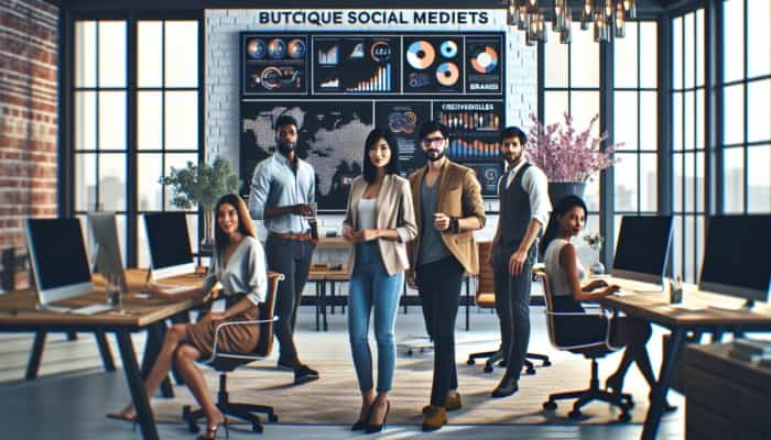 A diverse team in a modern office analyzing brand data and creative strategies on screens.