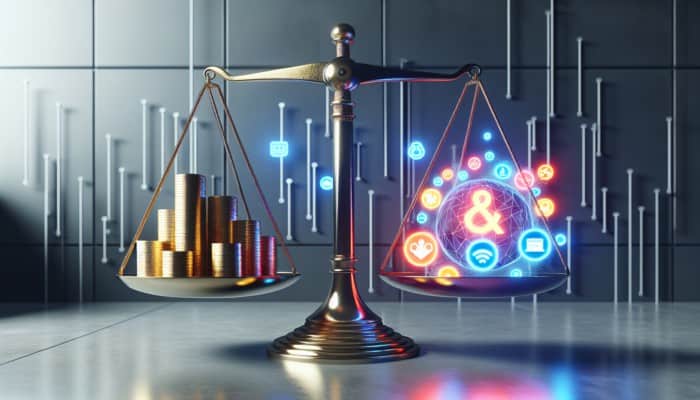 A scale balancing gold coins and a vibrant social media campaign graphic in a modern office.