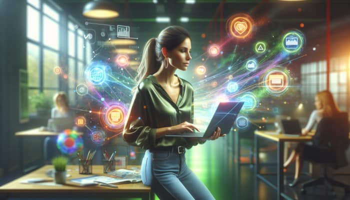 A digital marketing specialist multitasking in a vibrant office, managing social media, optimizing a website, and analyzing data.