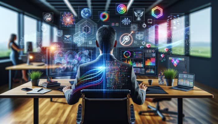 A digital marketing specialist at a modern workspace with screens showing SEO, social media, and campaign results.