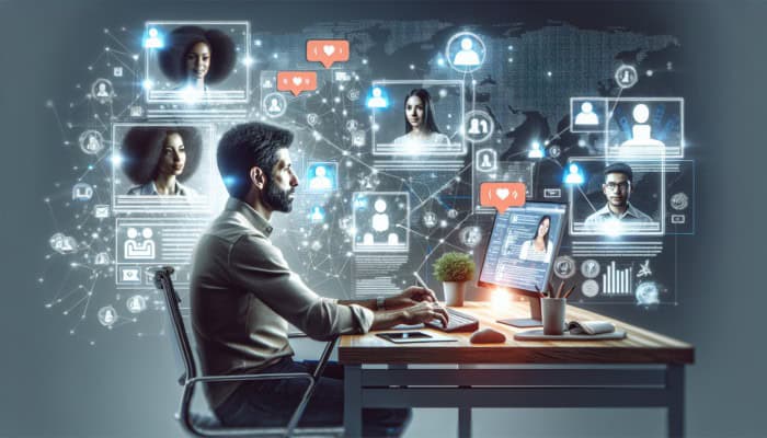 A digital marketing specialist engaging with diverse audiences on social media to boost brand visibility and foster community interaction.