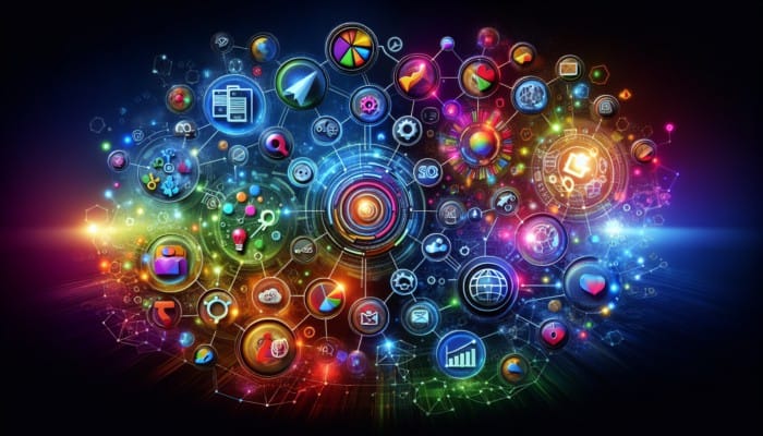 Full Service Digital Marketing: A digital marketing hub showcasing SEO, PPC, social media, email, and analytics in a unified strategy.