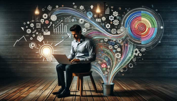 A small business owner using a laptop with digital icons and graphs, representing a tailored digital marketing strategy.