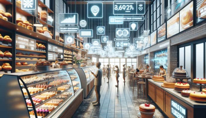 A local bakery with digital signs, showing pastries and cakes, surrounded by customers using smartphones.