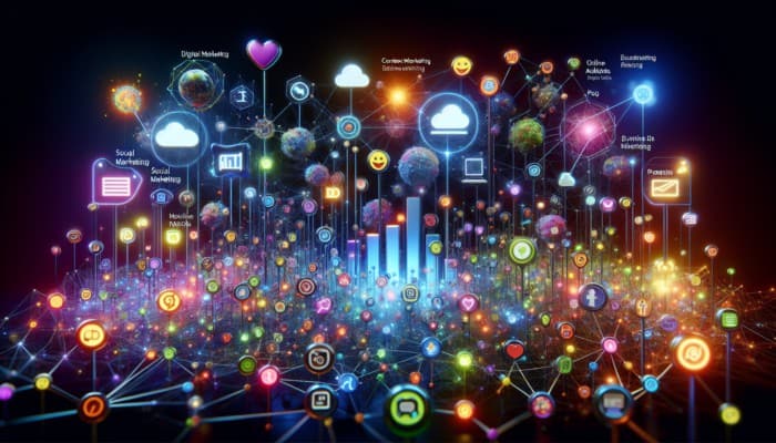 A vibrant digital landscape showcasing SEO, social media, content marketing, and online ads, highlighting the dynamic nature of digital marketing strategies that boost business visibility and ROI.