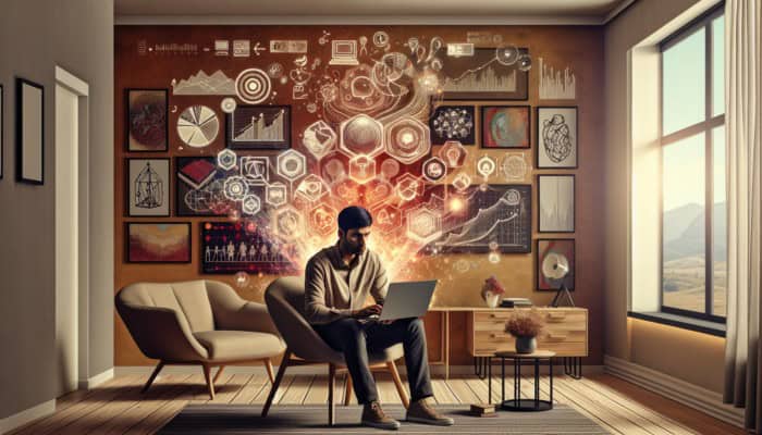 A small business owner reviewing digital marketing pricing on a laptop amidst charts in a cozy, modern home office.