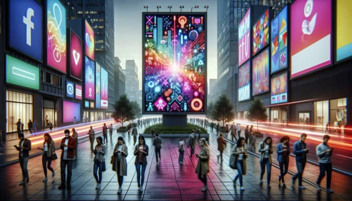 A vibrant digital billboard on a busy city street, people using smartphones, showcasing online ad platforms.