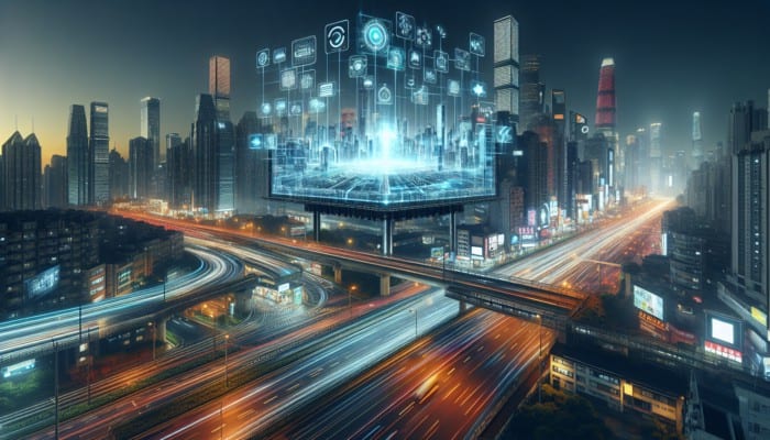 Futuristic digital billboard with holographic ads in a bustling cityscape at night.