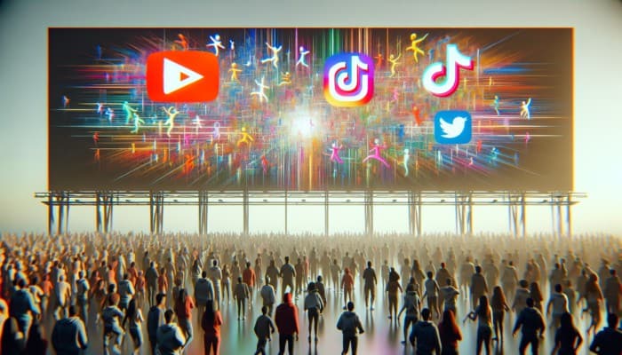 A dynamic digital billboard showcasing vibrant video ads on YouTube, TikTok, and Instagram, engaging a diverse audience.