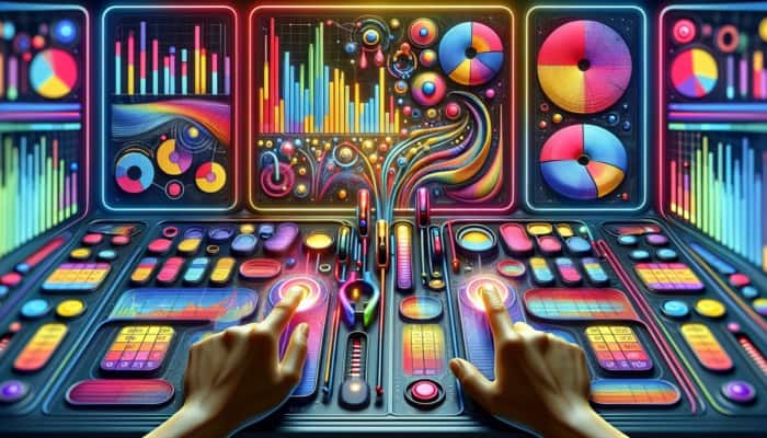 Futuristic dashboard with graphs, KPIs, and hands adjusting sliders for A/B testing in paid social media.