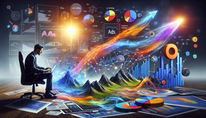 A digital marketer placing ads on a search engine results page, with graphs showing increased traffic and conversion rates.